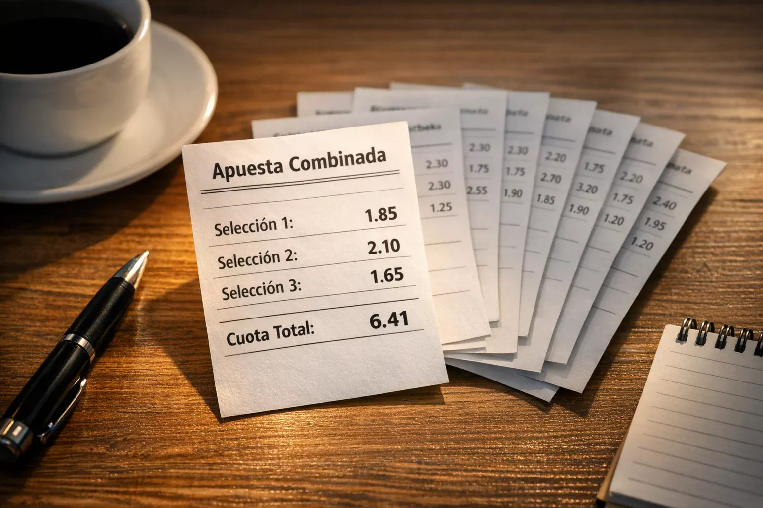 Varios partidos de fútbol representados con boletos de apuestas sobre una mesa