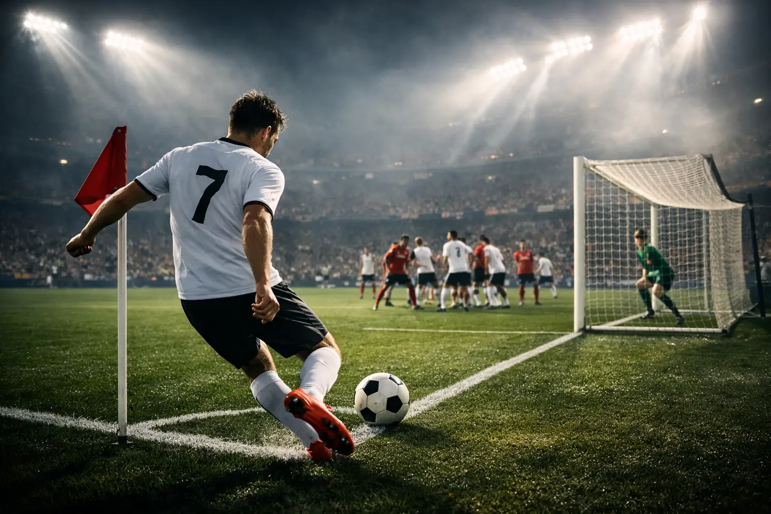 Jugador lanzando un córner en un partido de fútbol con el balón en el aire