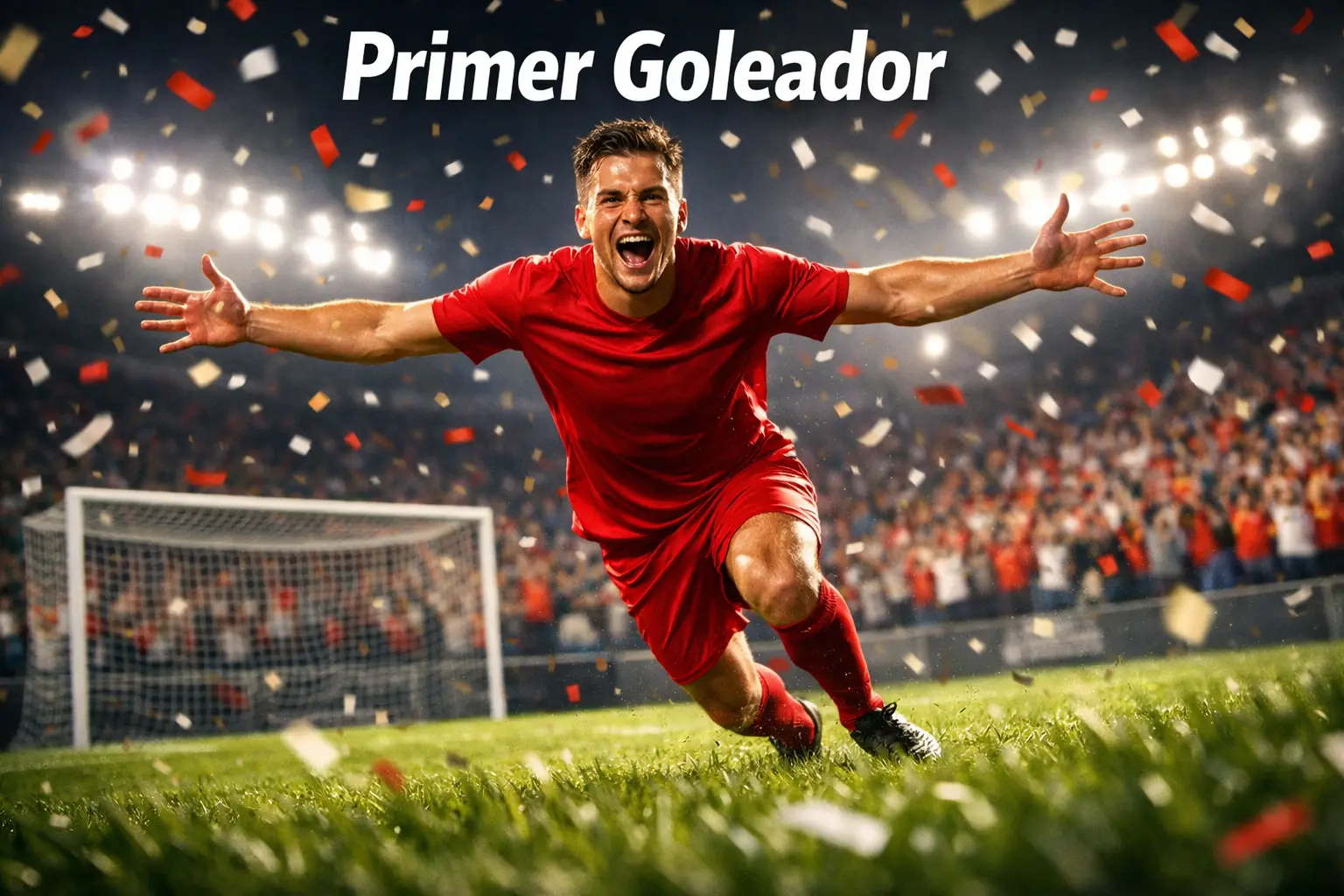 Delantero de fútbol celebrando un gol con los brazos abiertos en el estadio