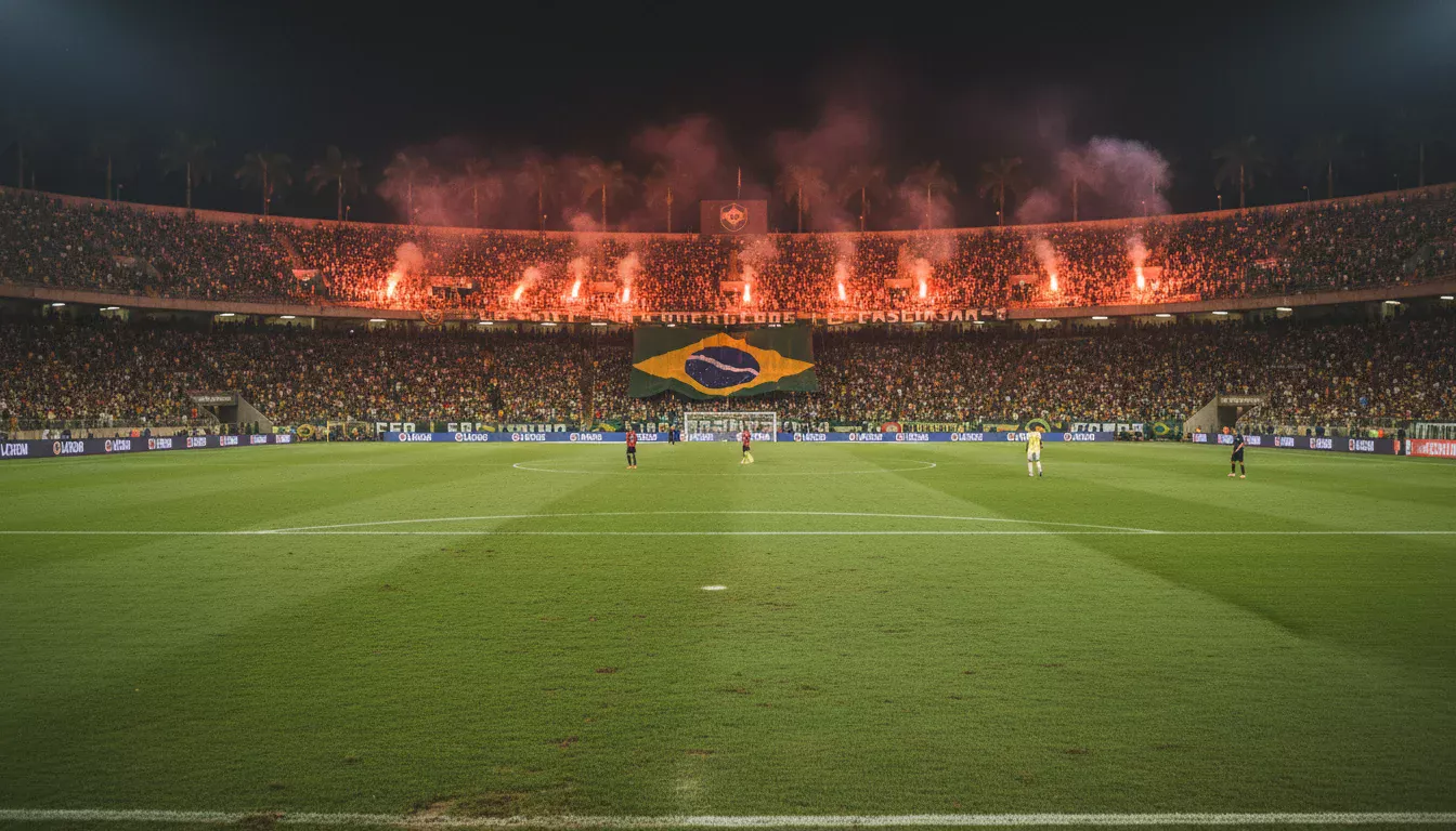 Estadio de fútbol brasileño con ambiente tropical y afición apasionada