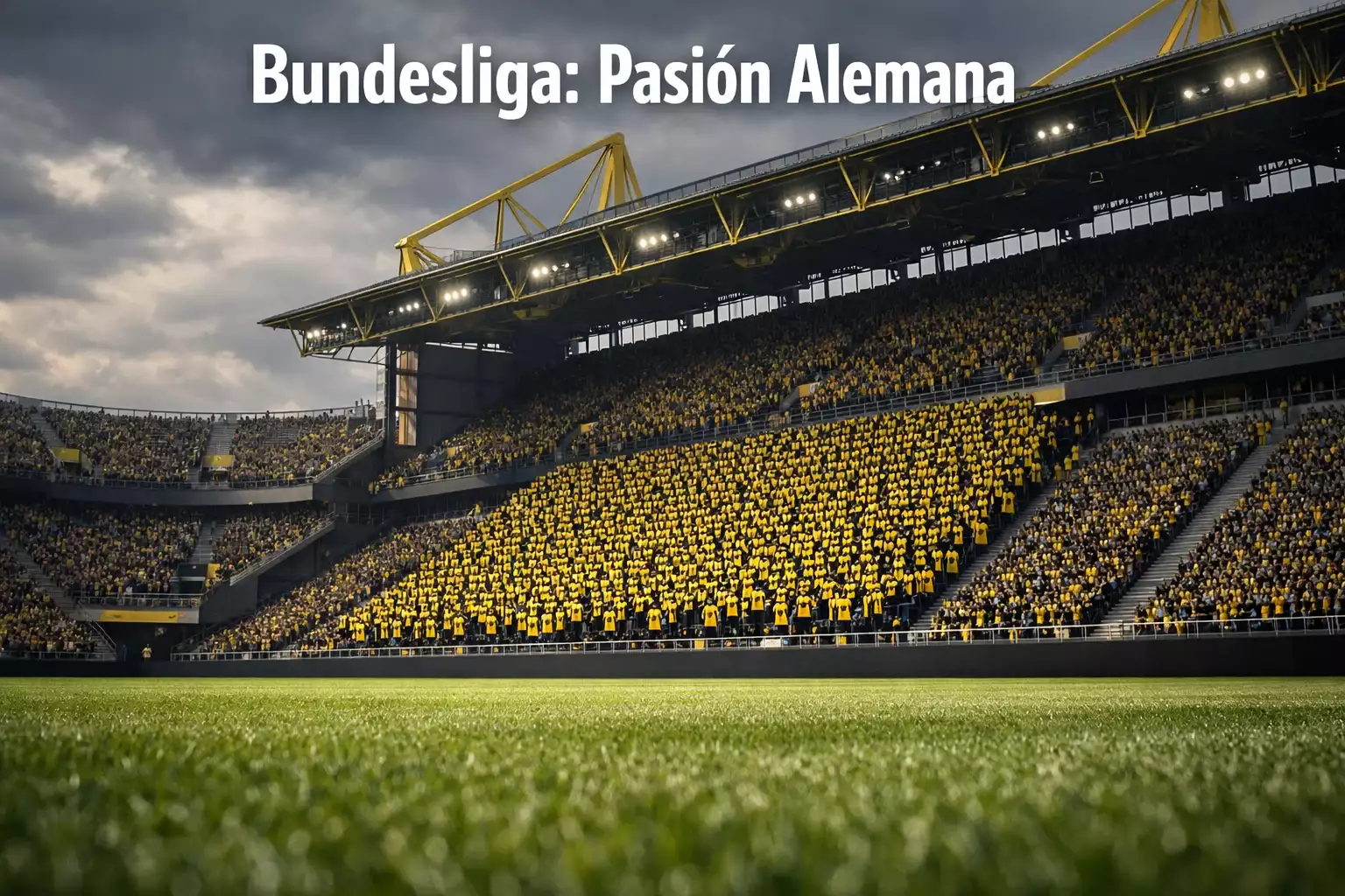 Estadio de la Bundesliga alemana con afición animada y banderines amarillos