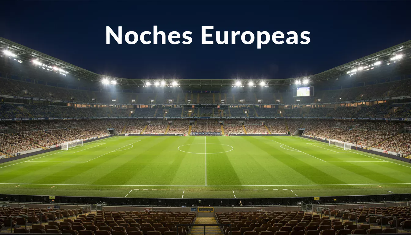 Estadio de fútbol europeo con luces nocturnas y ambiente de competición continental