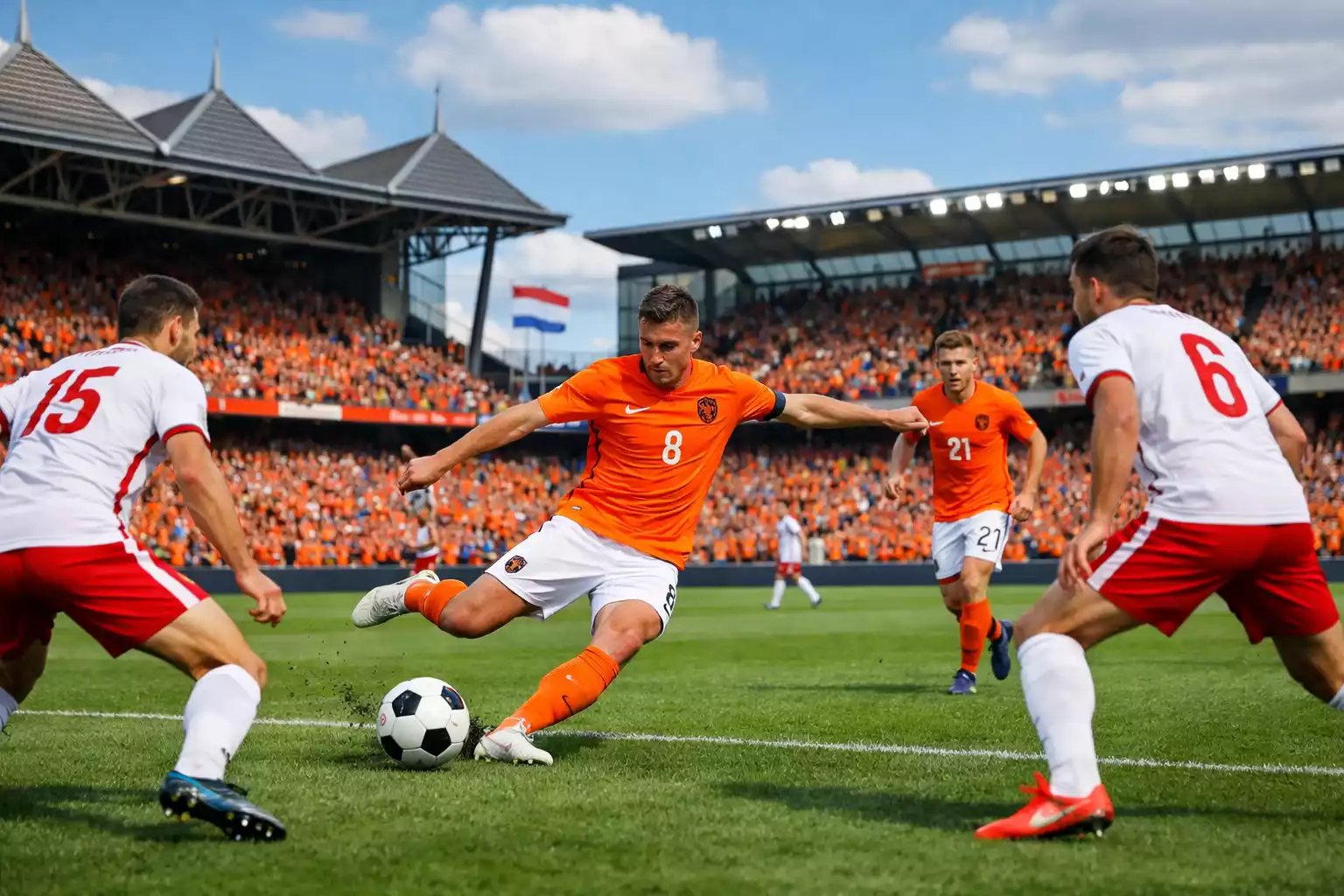 Partido de fútbol en un estadio holandés con jugadores disputando el balón