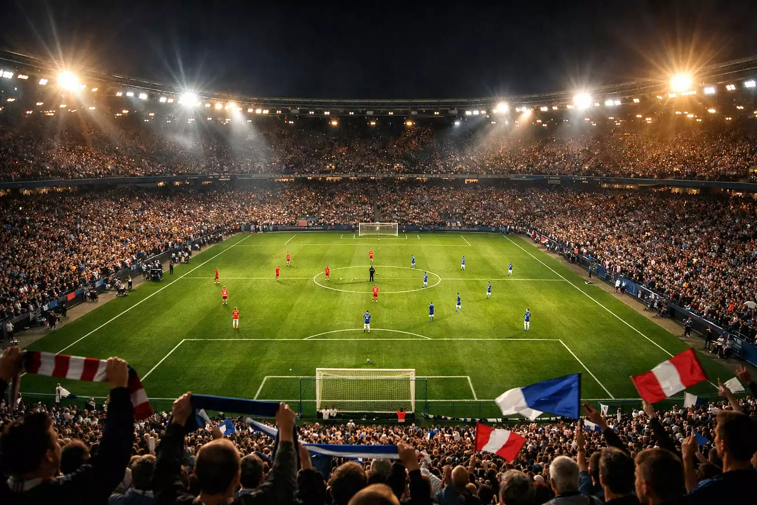 Estadio de fútbol iluminado durante un partido nocturno con aficionados en las gradas