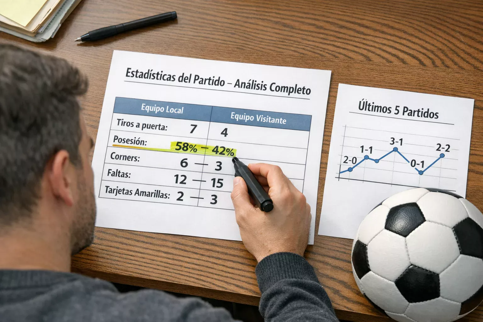 Persona analizando estadísticas de fútbol con gráficos simples en papel