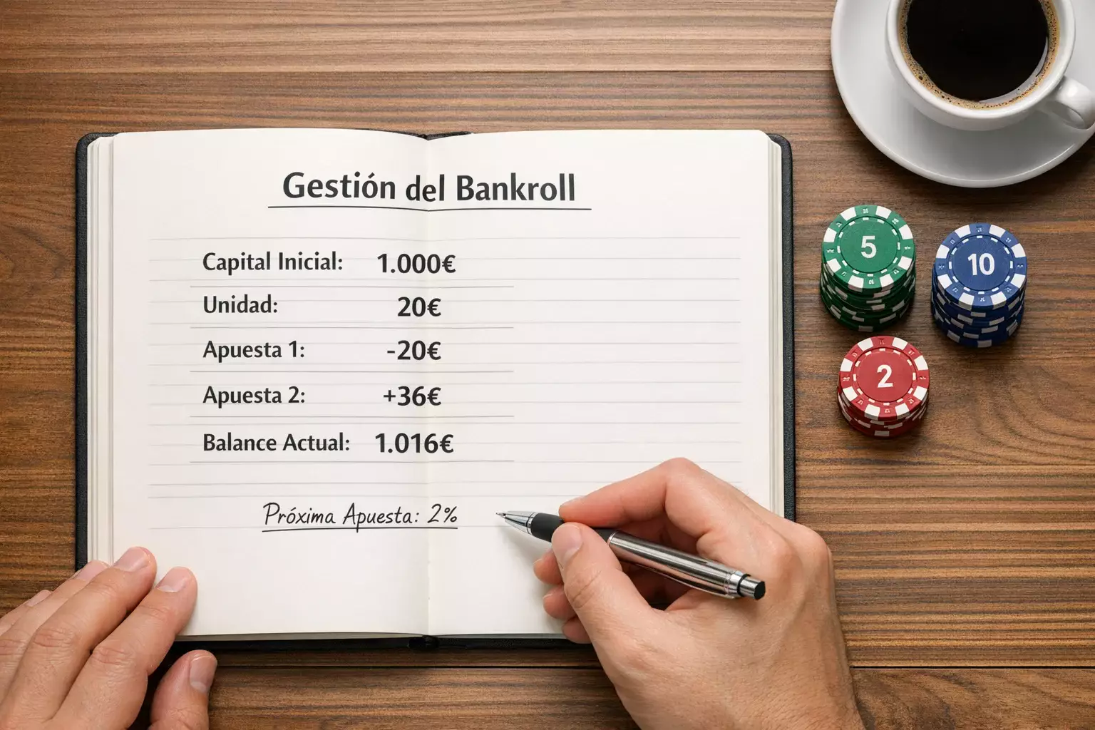 Persona organizando fichas y anotaciones en un cuaderno de gestión financiera