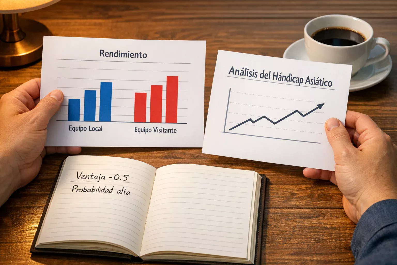 Persona analizando datos de fútbol con documentos y notas sobre una mesa