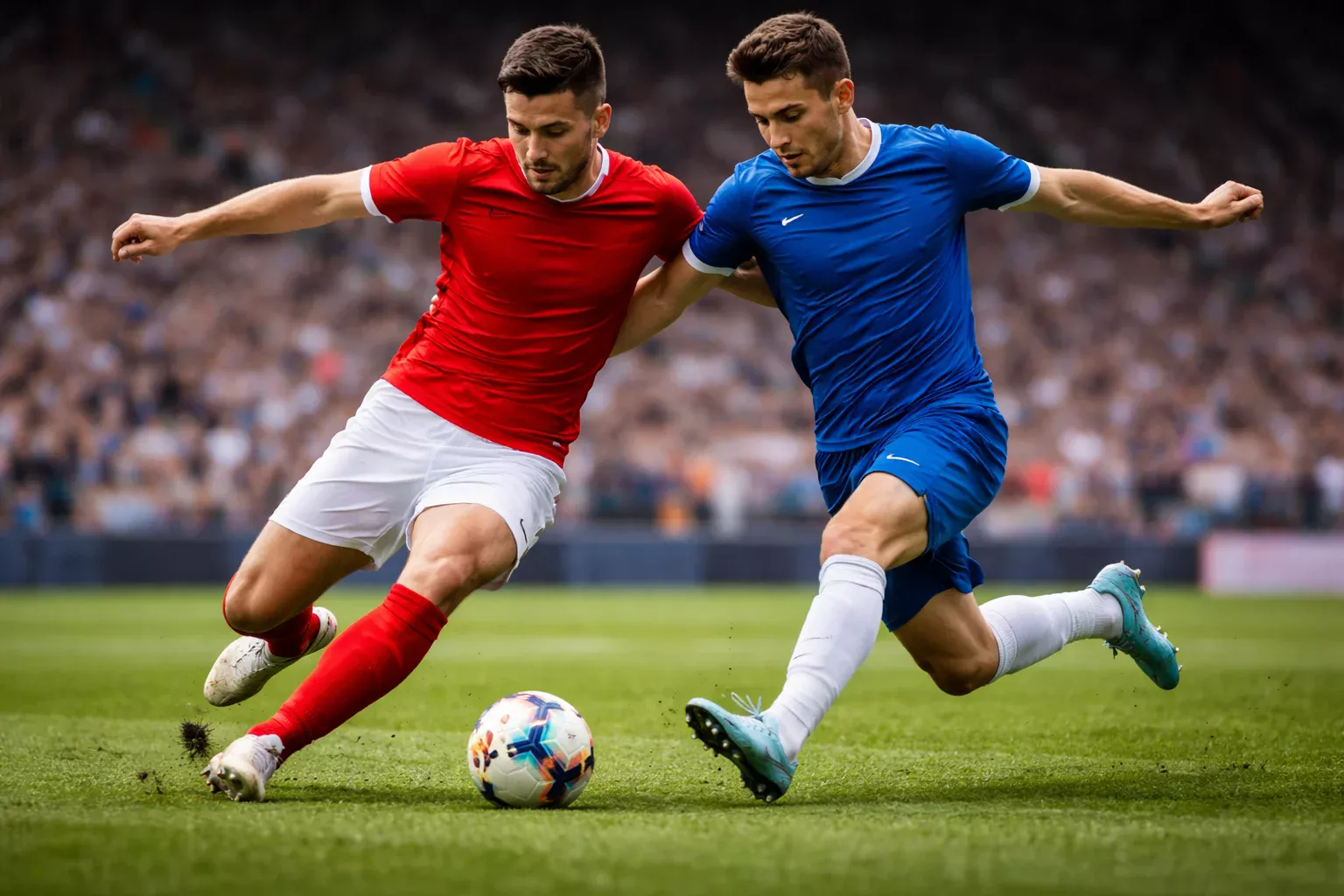 Jugadores de f&uacute;tbol disputando un bal&oacute;n en un partido competitivo de Premier League