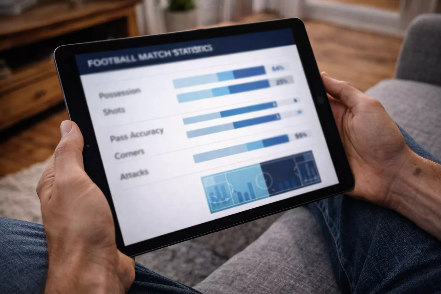 Persona estudiando estad&iacute;sticas deportivas en una tablet