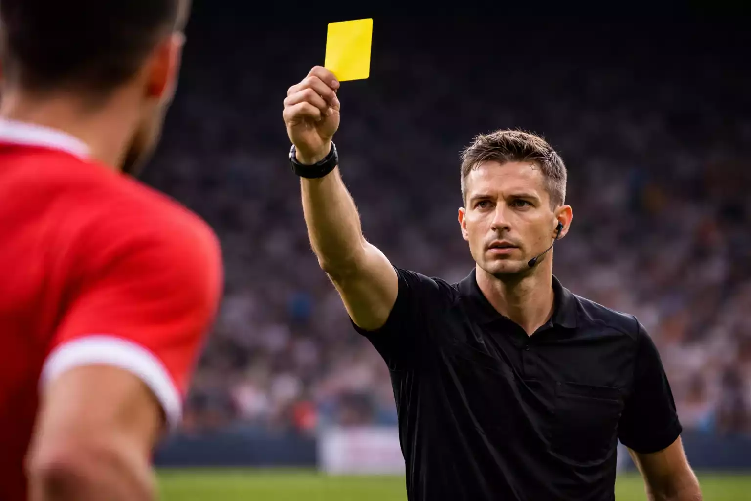 &Aacute;rbitro de f&uacute;tbol mostrando tarjeta amarilla a un jugador