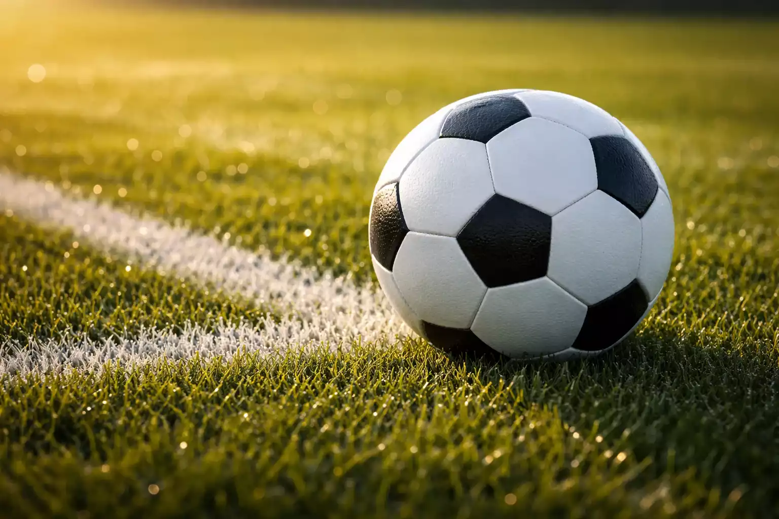 Balón de fútbol sobre césped verde con líneas blancas del campo