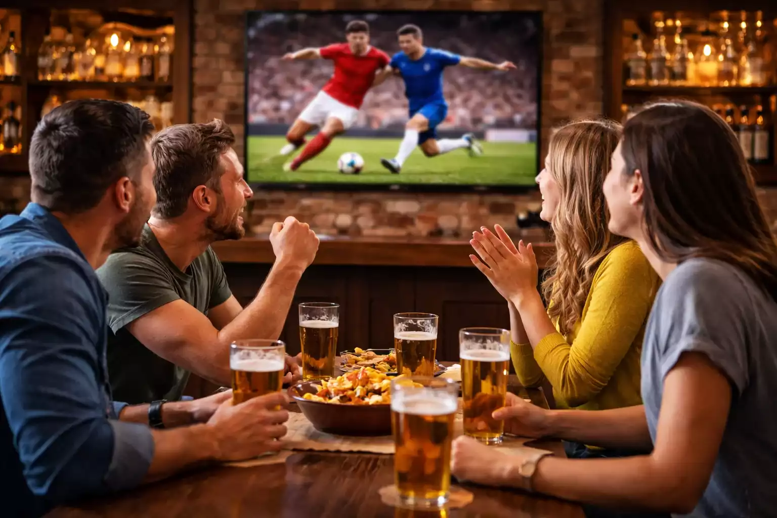 Aficionados viendo un partido de f&uacute;tbol en pantalla grande en un bar