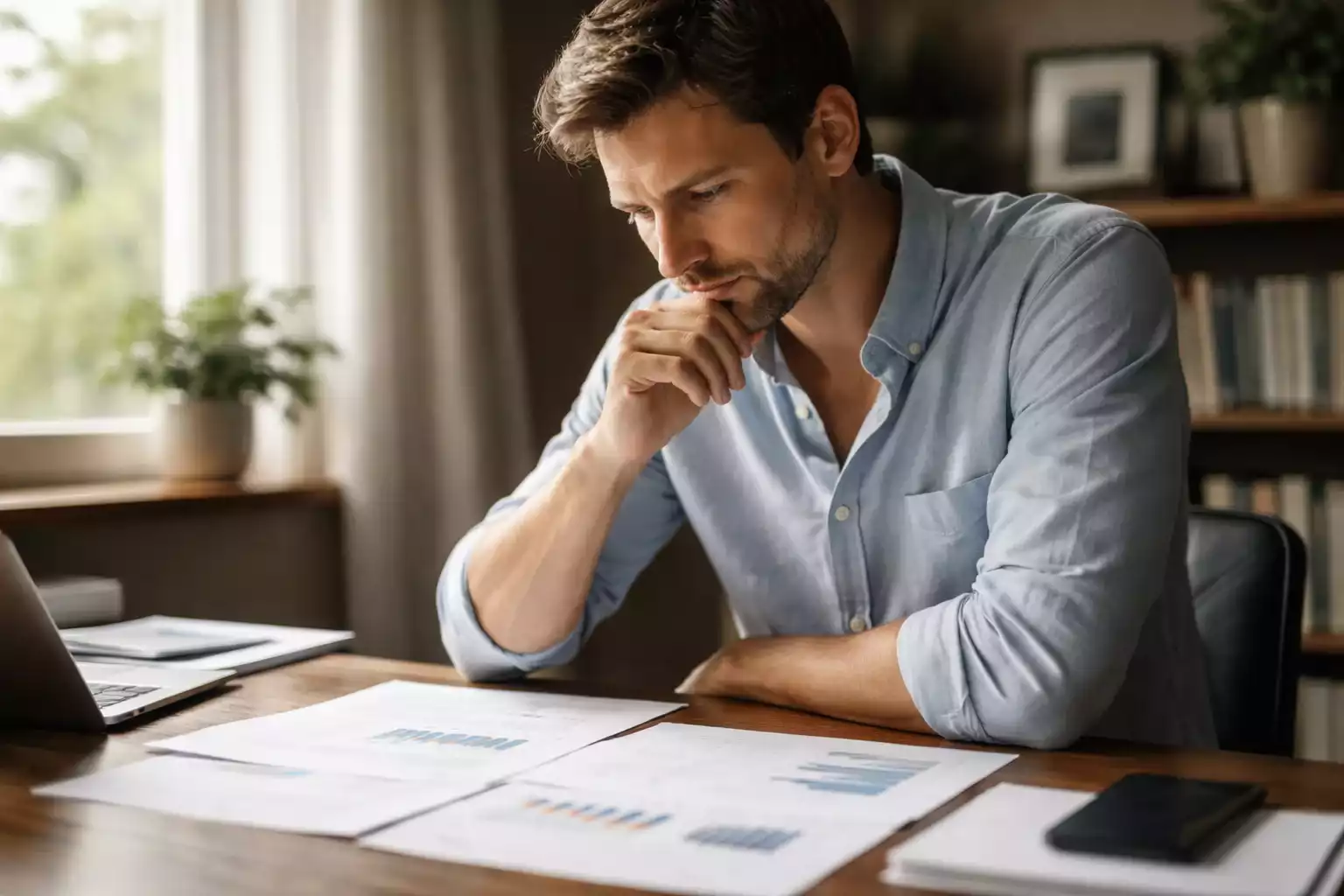 Persona pensativa con la mano en la barbilla mirando documentos
