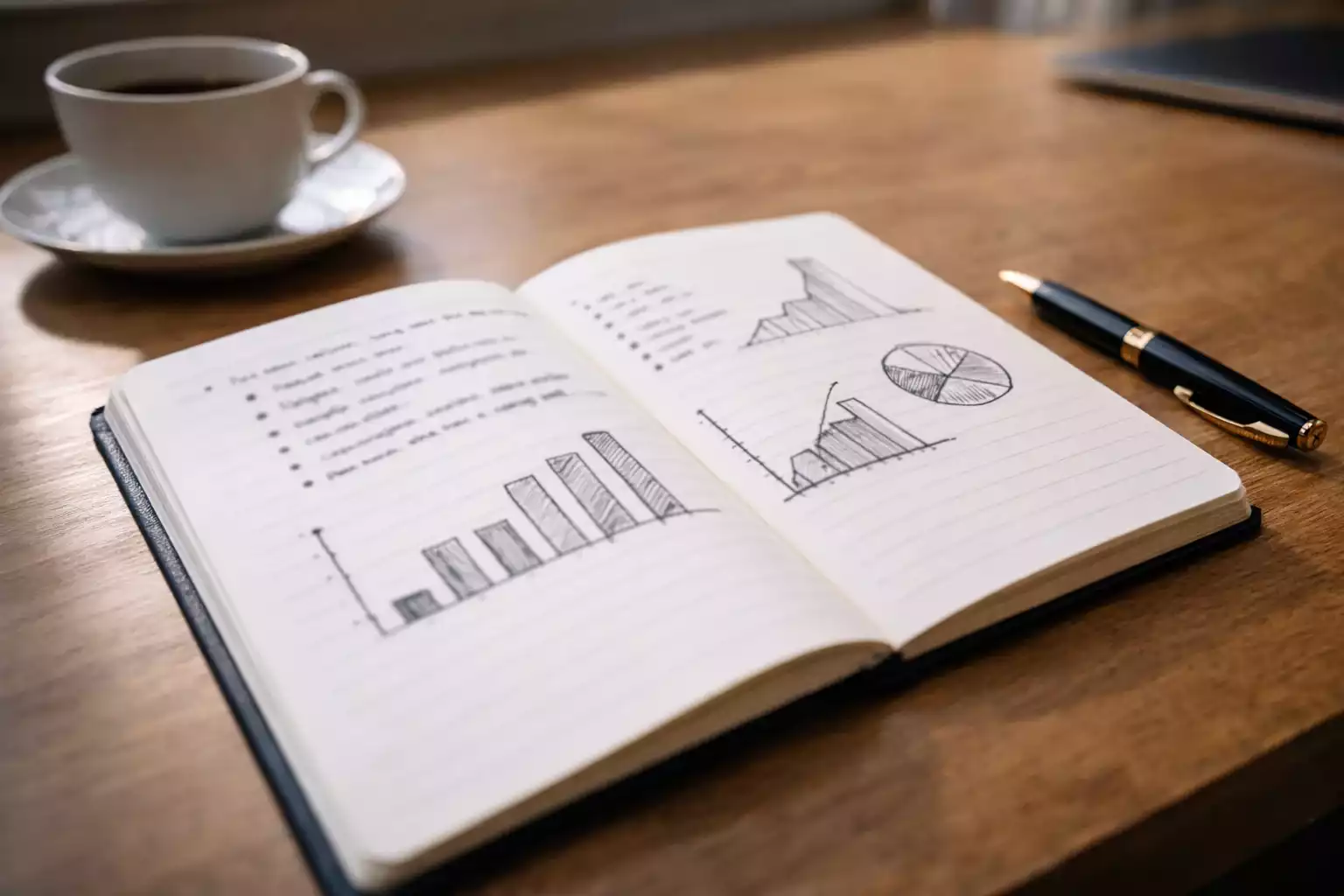 Cuaderno con anotaciones y bol&iacute;grafo sobre escritorio ordenado