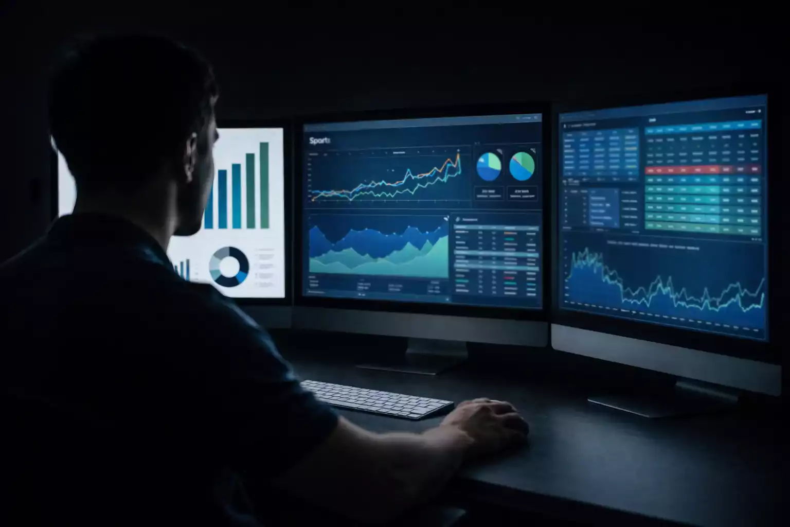 Persona concentrada analizando datos en múltiples pantallas