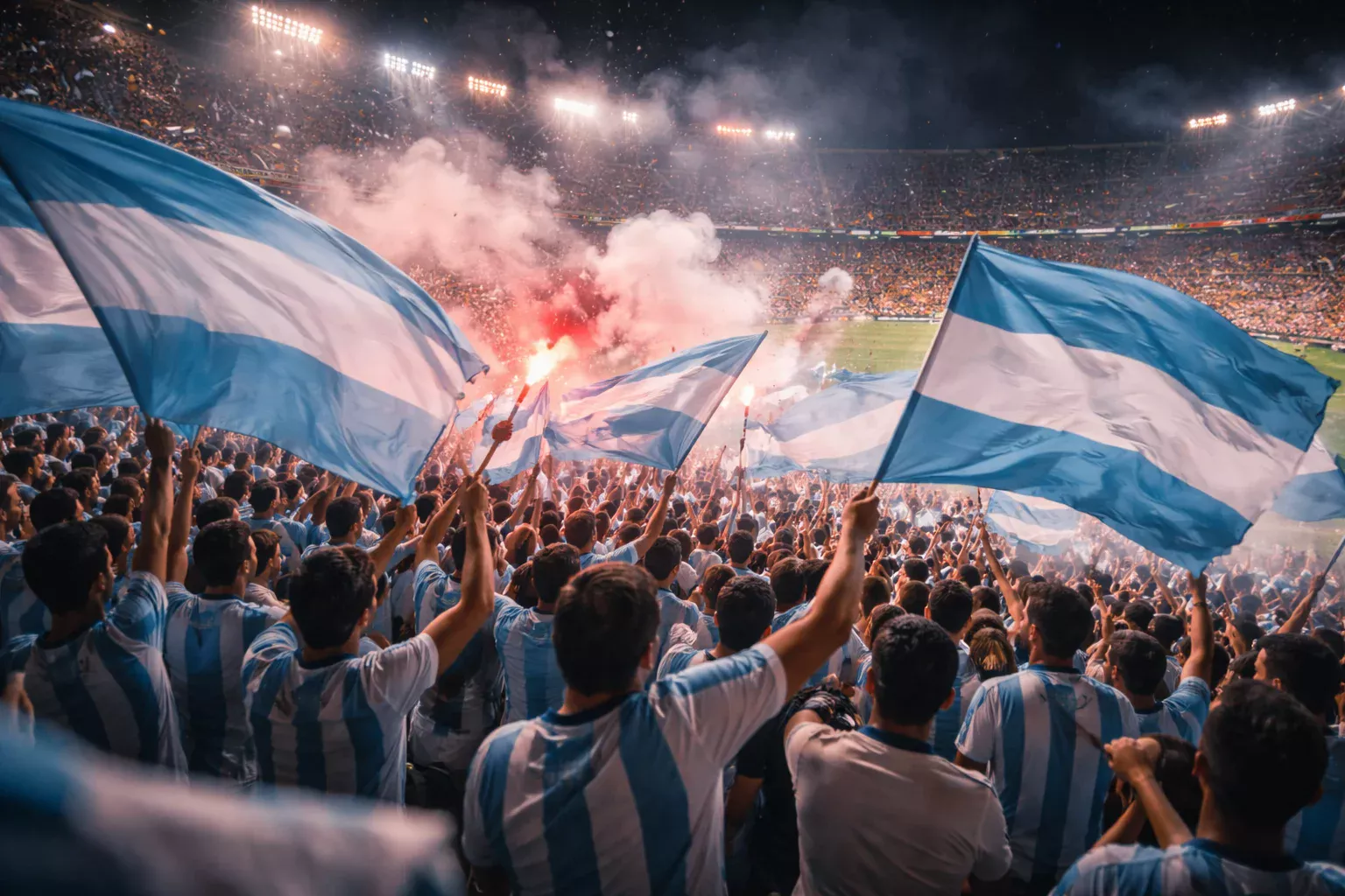 Aficionados argentinos en tribuna con banderas azules y blancas