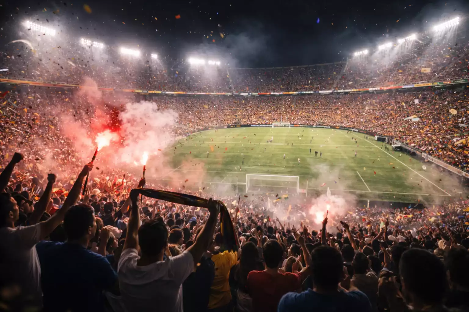 Estadio de fútbol latinoamericano lleno de aficionados con banderas