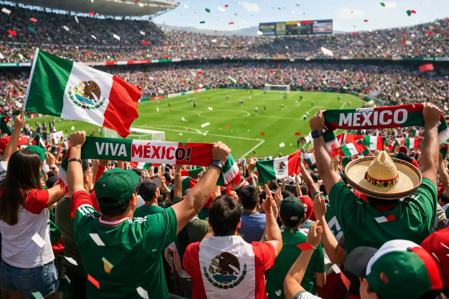 Partido de f&uacute;tbol mexicano en estadio con afici&oacute;n colorida