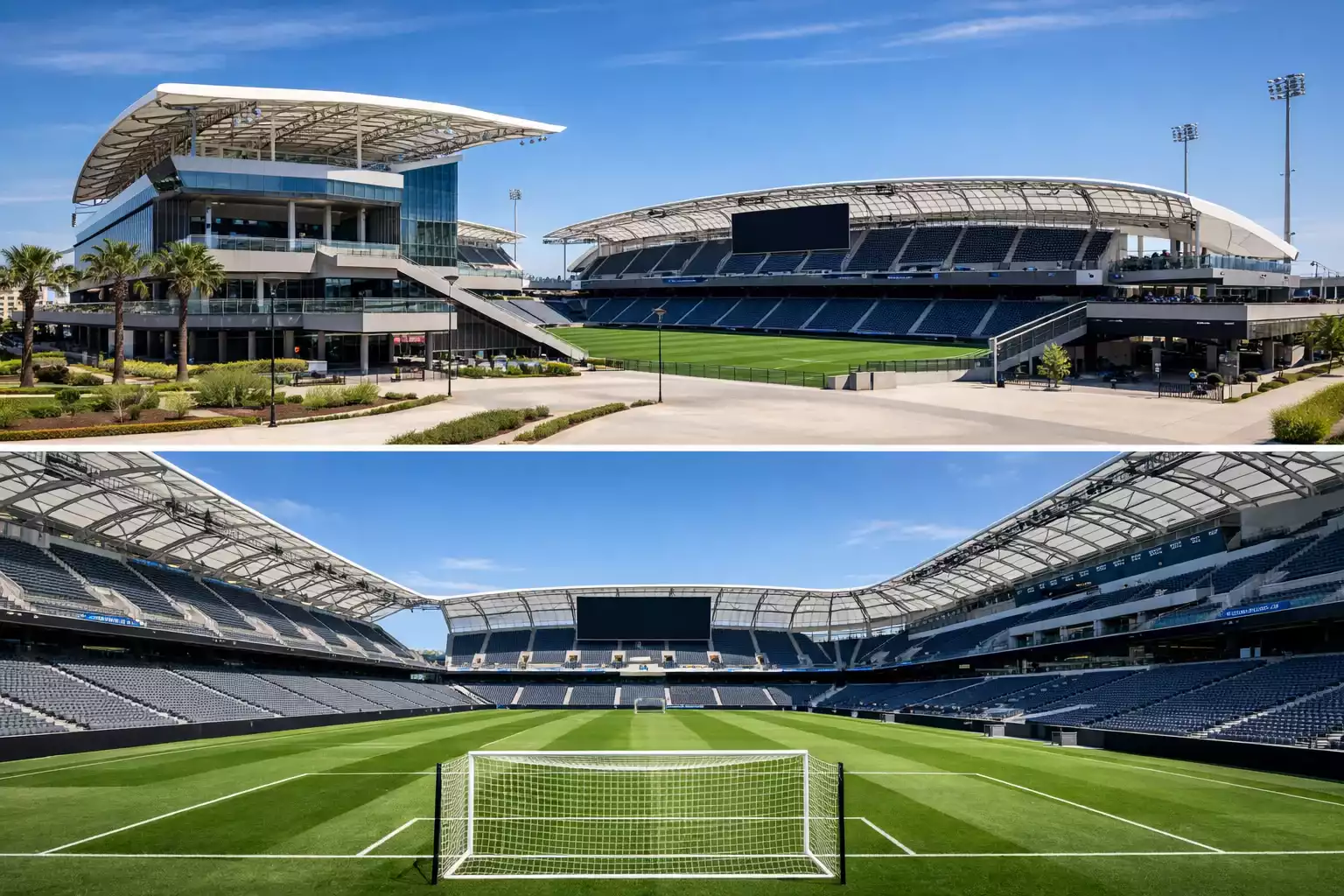 Estadio moderno de f&uacute;tbol estadounidense con c&eacute;sped perfecto