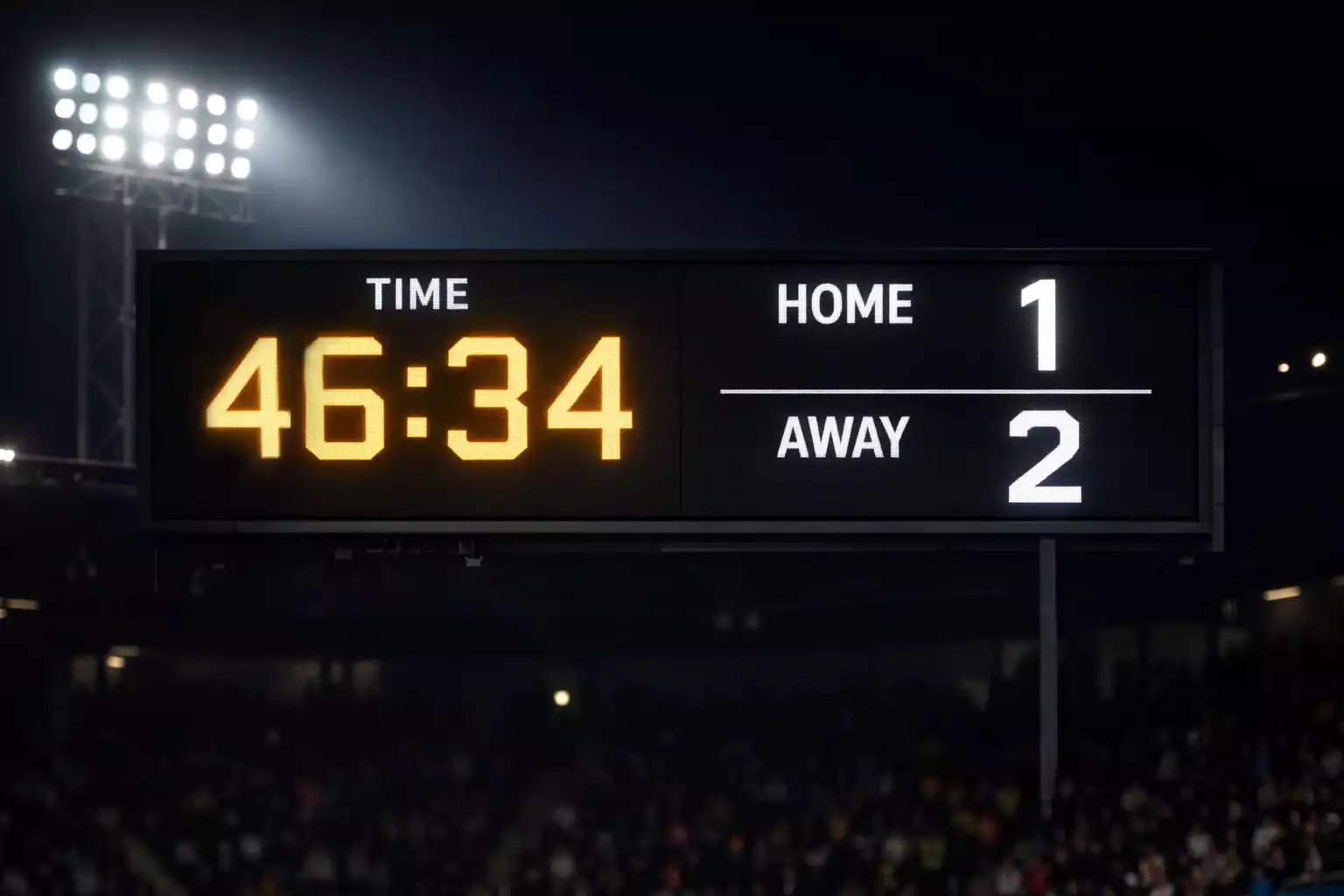 Reloj de estadio mostrando tiempo de partido junto al marcador