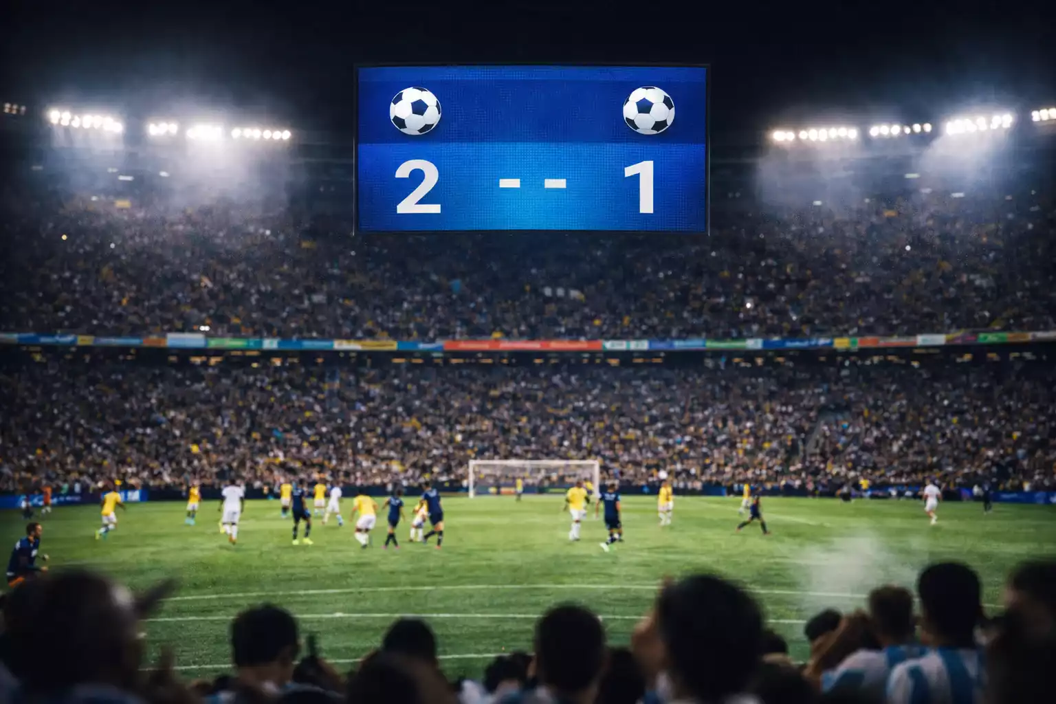 Partido de fútbol en vivo con marcador electrónico visible
