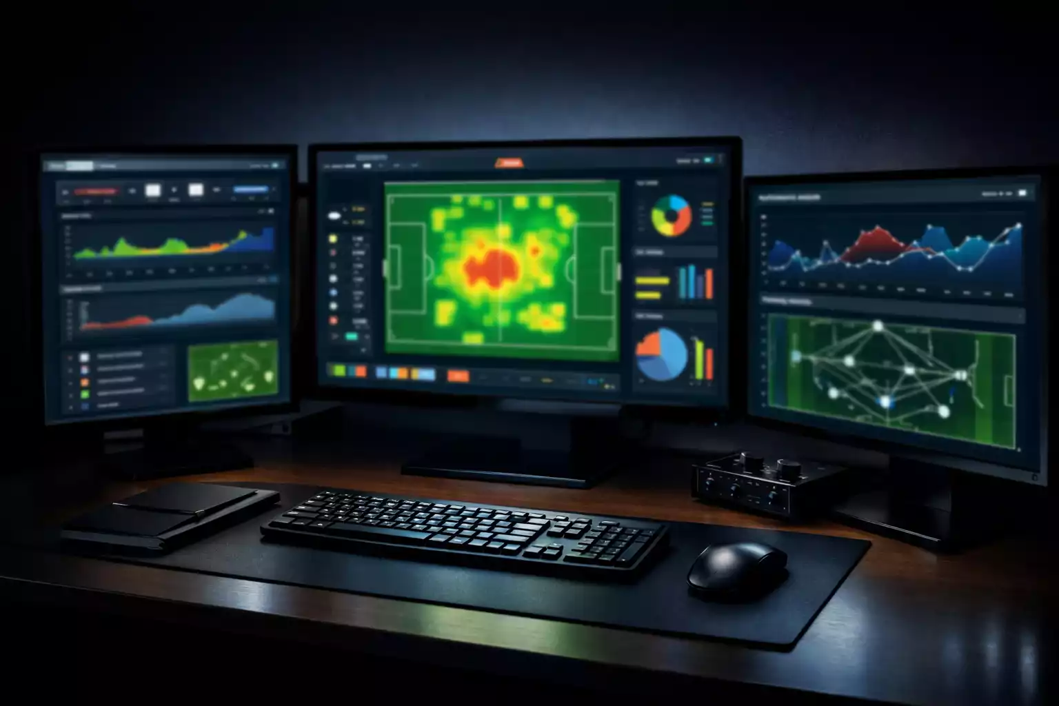 M&uacute;ltiples pantallas mostrando estad&iacute;sticas de f&uacute;tbol en tiempo real