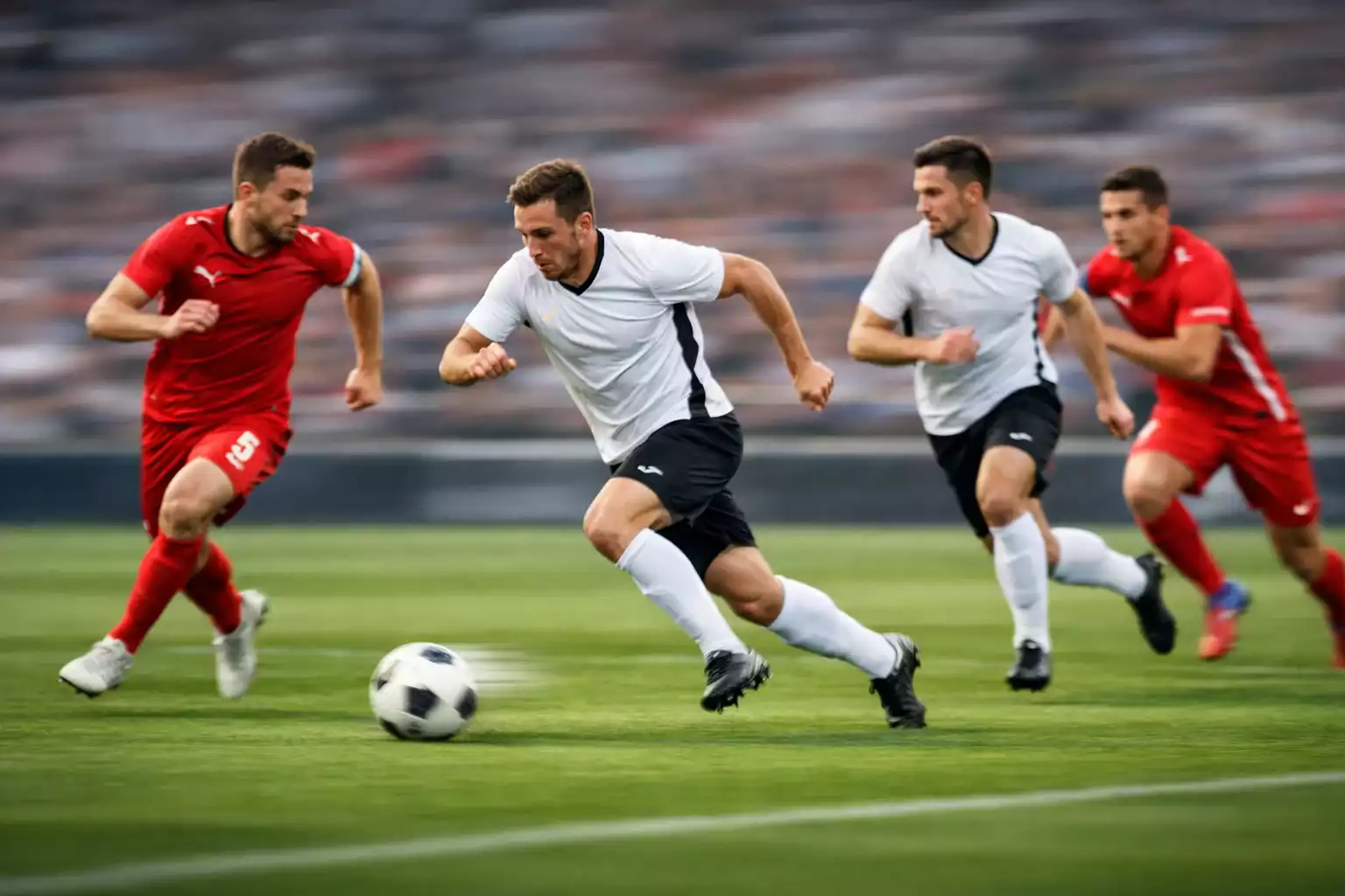 Jugadores de f&uacute;tbol en acci&oacute;n durante un contraataque r&aacute;pido