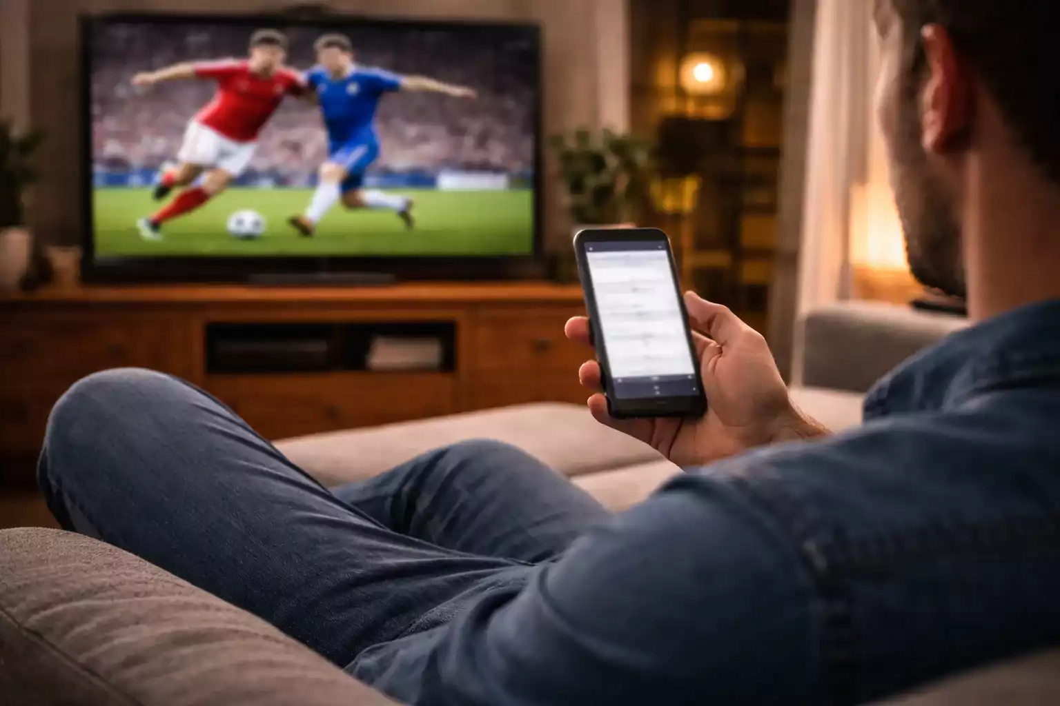 Persona viendo partido de f&uacute;tbol en televisi&oacute;n con m&oacute;vil en mano