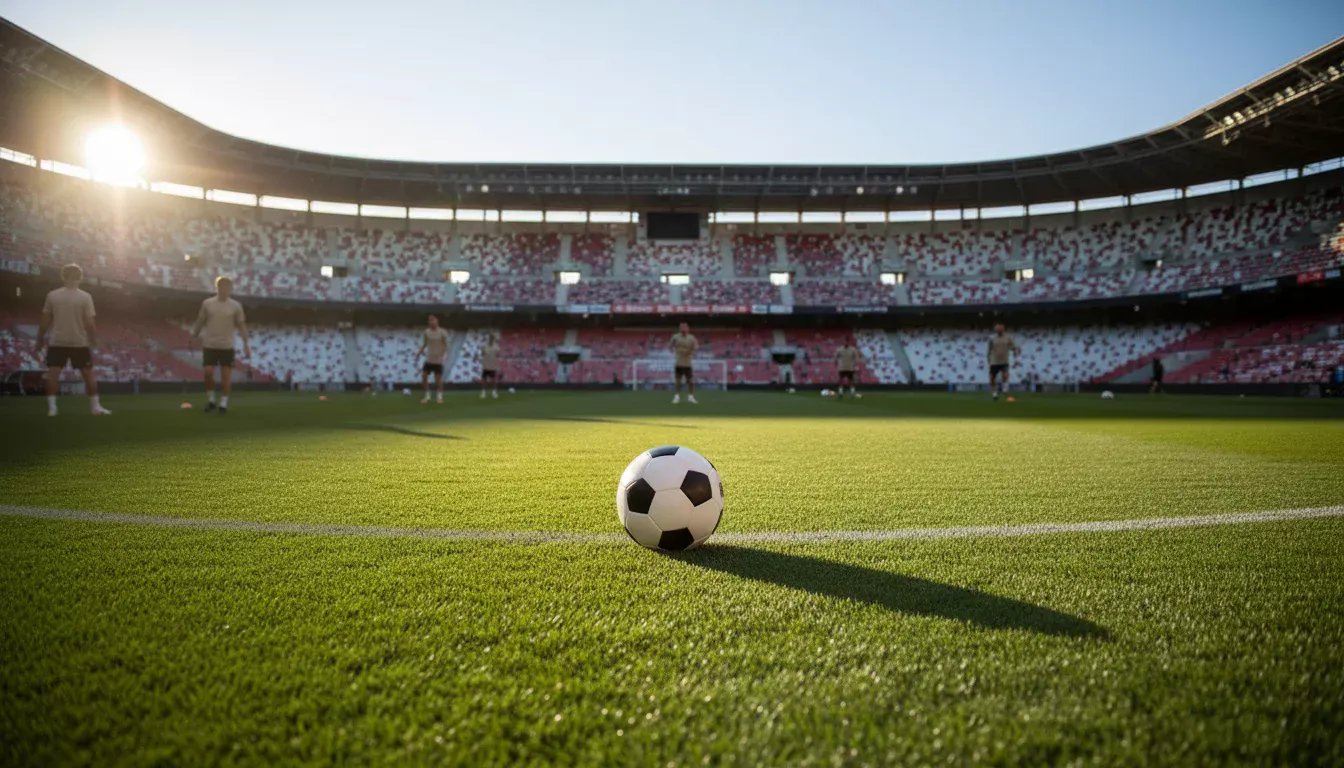 Campo de fútbol español con sol brillante y grada llena de aficionados