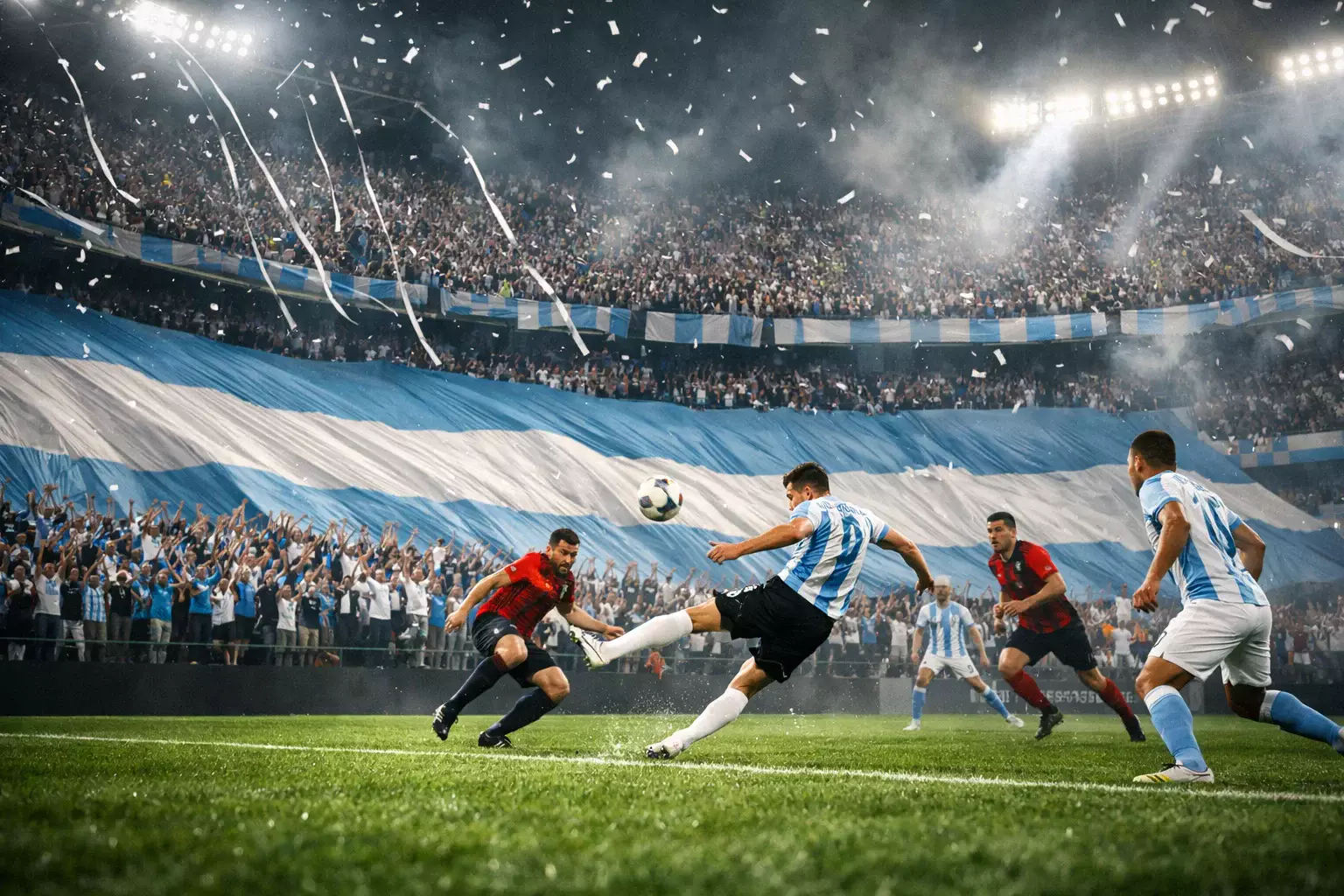 Estadio de fútbol argentino con hinchada apasionada y banderas enormes