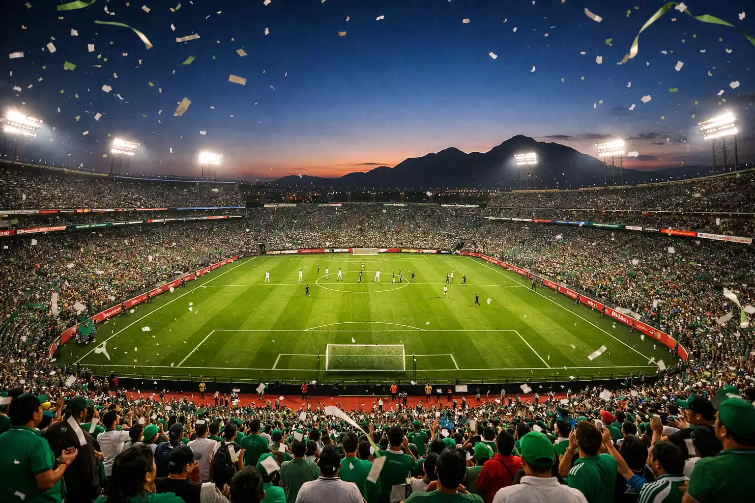 Estadio de fútbol mexicano con ambiente colorido y gradas llenas de aficionados
