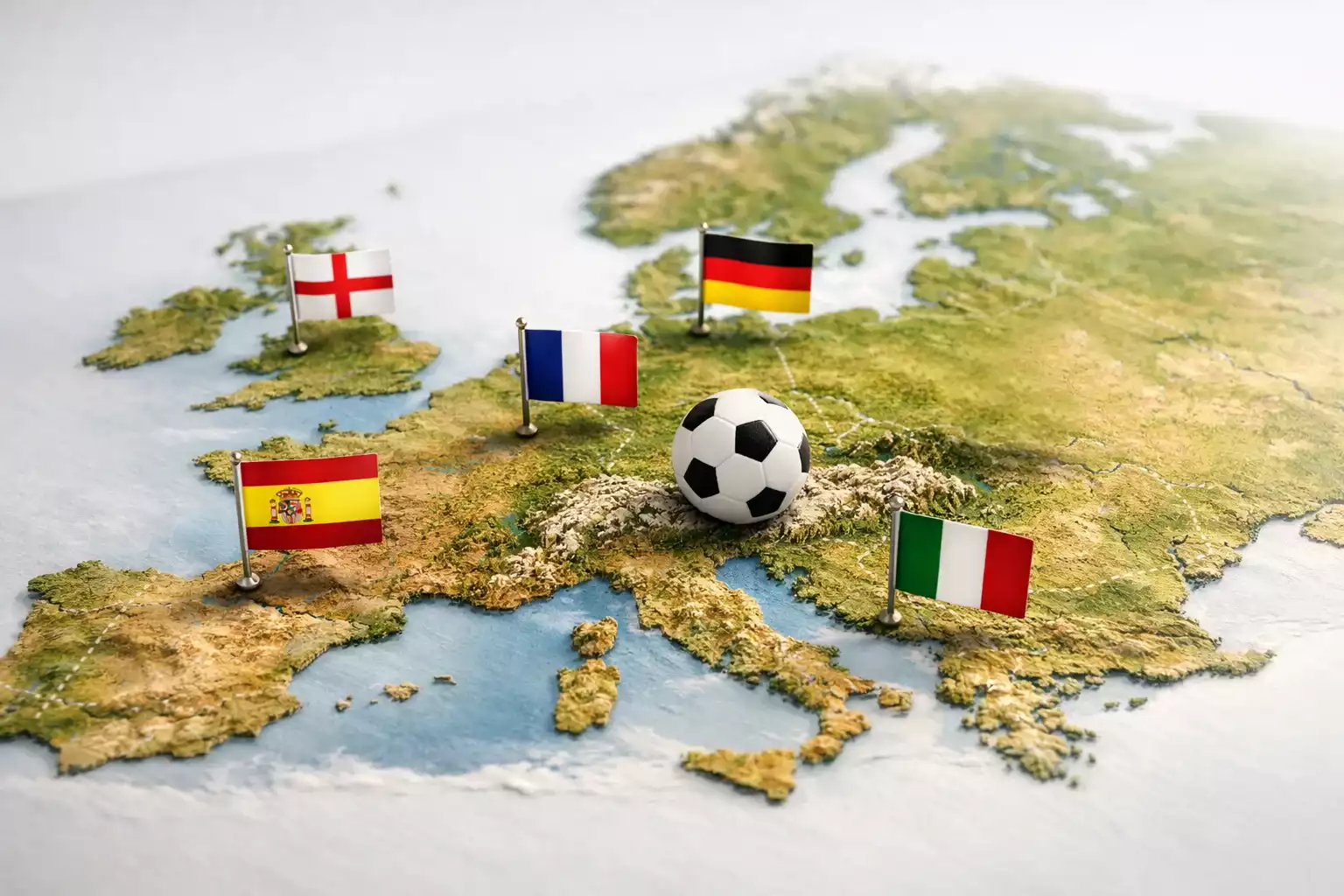 Mapa de Europa con banderas de países con las principales ligas de fútbol destacadas