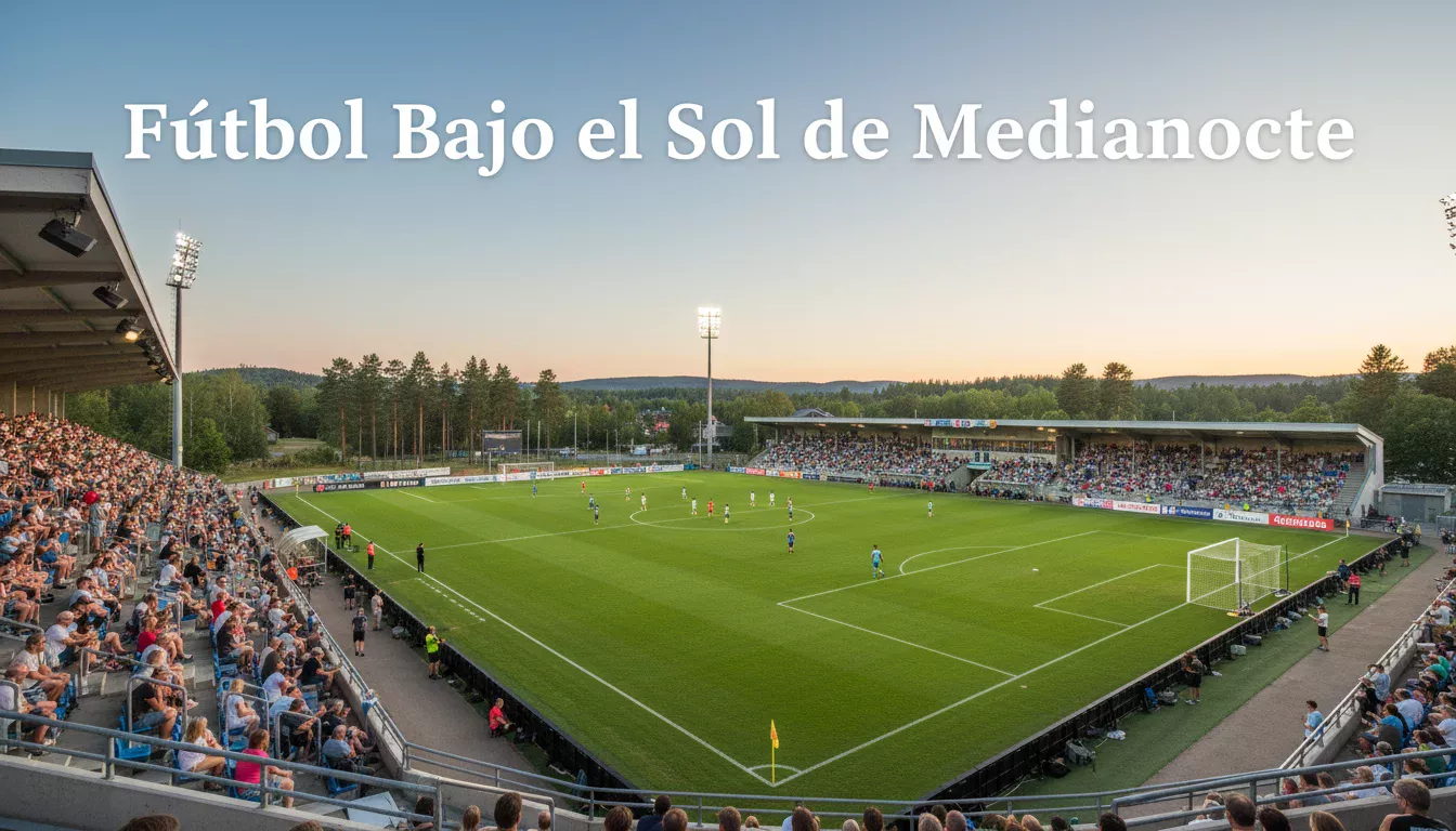 Estadio de fútbol nórdico con luz de verano nocturna y cielo claro