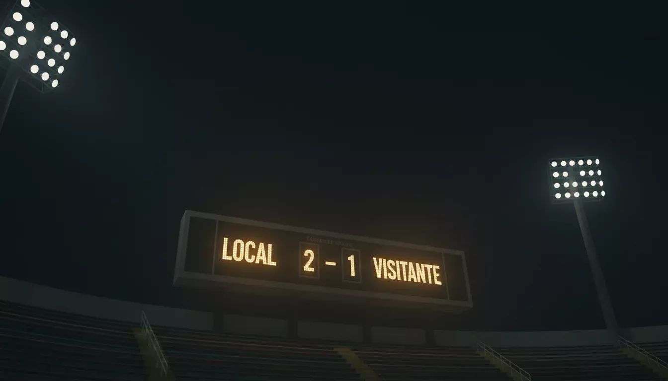 Marcador de estadio de fútbol mostrando un resultado con iluminación dramática
