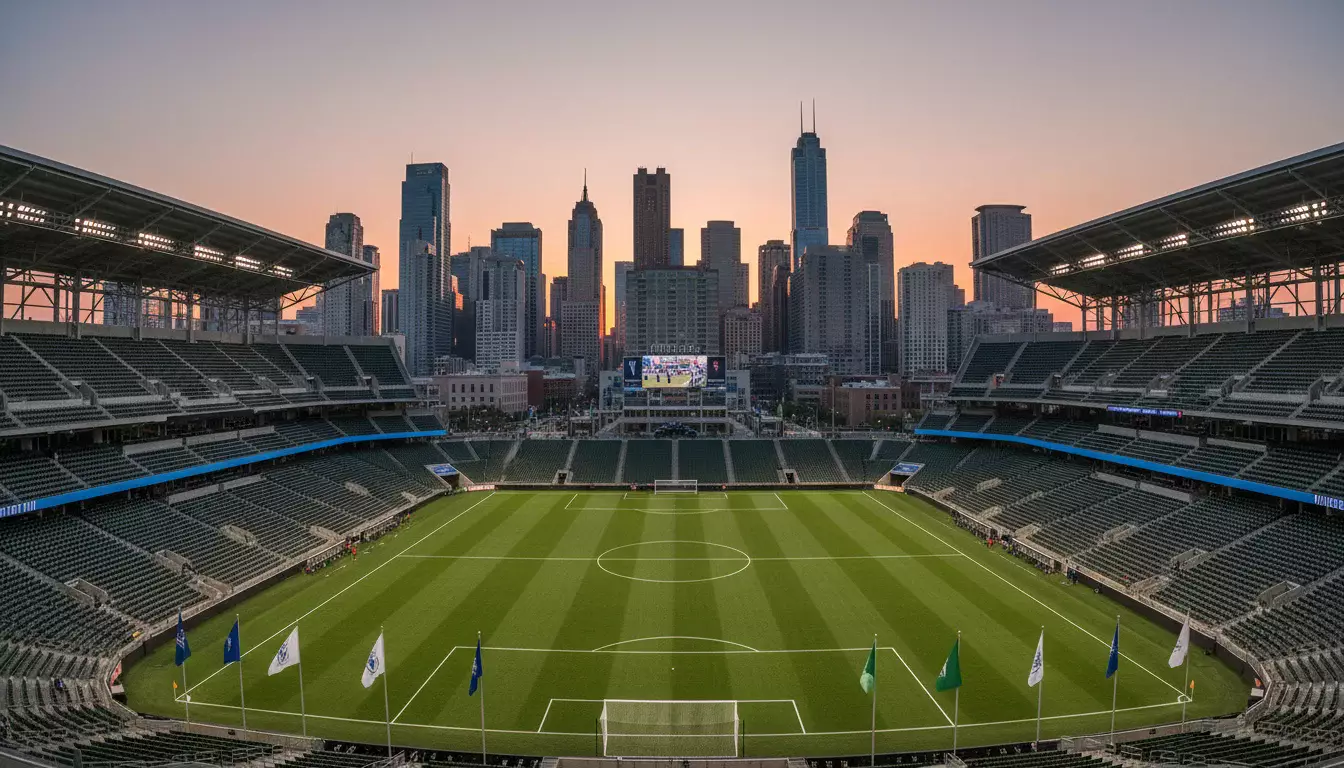 Estadio de fútbol de la MLS con diseño moderno y skyline urbano de fondo