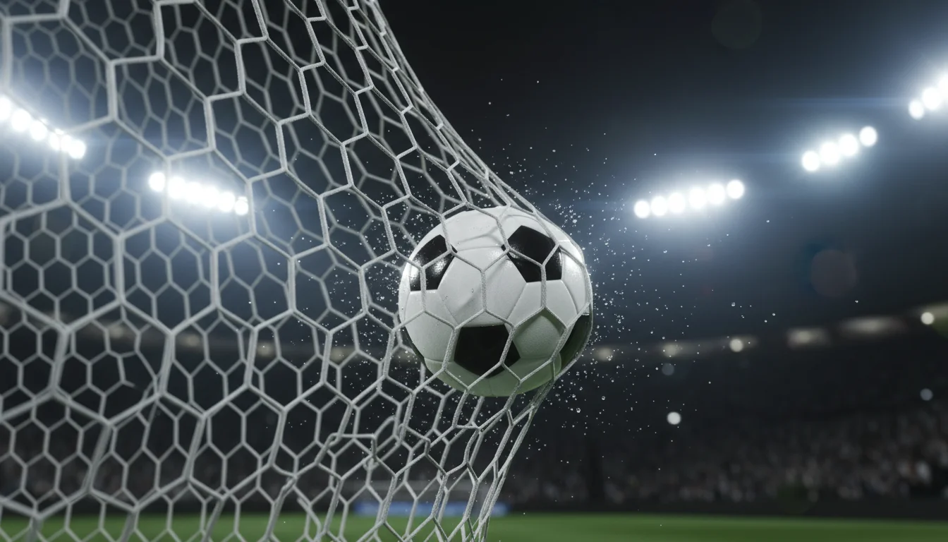 Balón de fútbol entrando en la red de la portería con efecto dramático