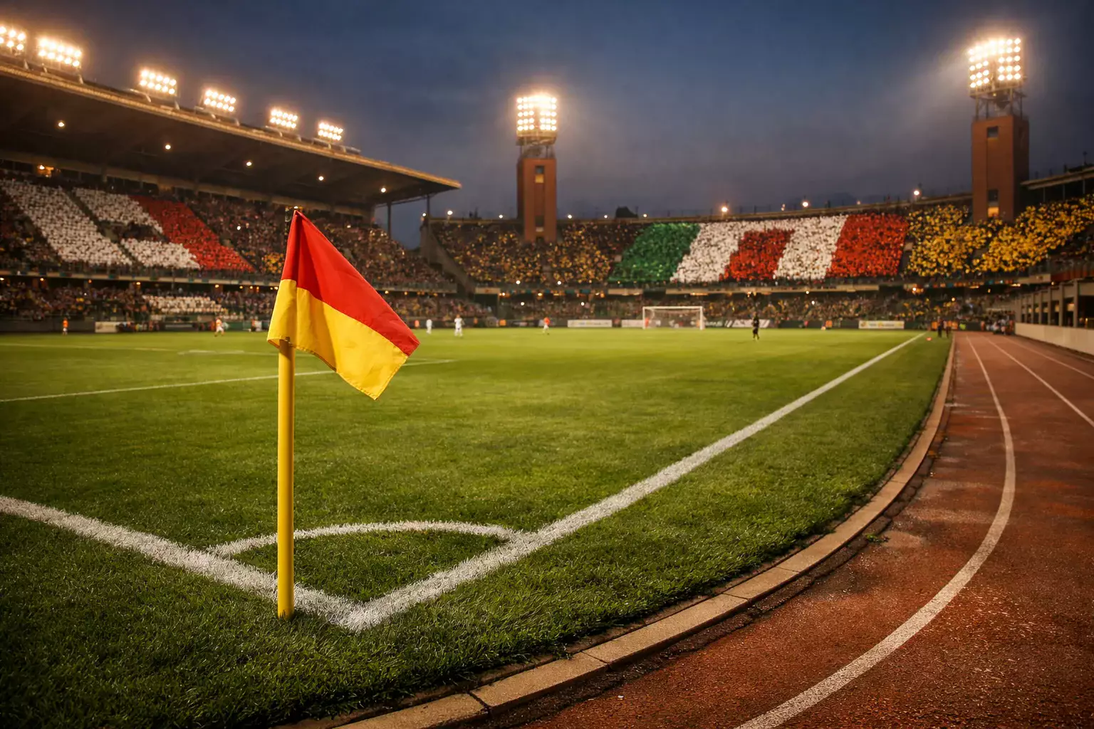 Estadio italiano de Serie A con arquitectura clásica e iluminación cálida nocturna